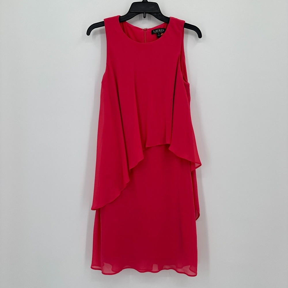 Lauren Ralph Lauren Shift Dress Womens 6 Pink Ruffle Sleeveless Chiffon Flowy